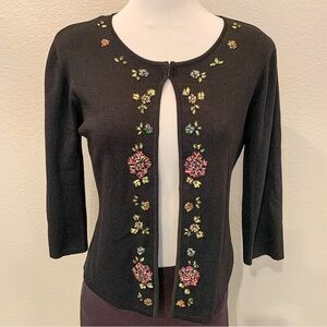 Vintage J.A.C. Black Cardigan Sweater Embellished Beaded Flowers 3/4 Sleeve Med
